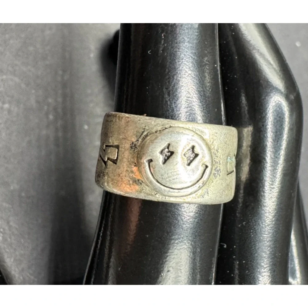 925 Sterling Silver Vintage Ring Smiley Face Thunder Stars Etched Size 6